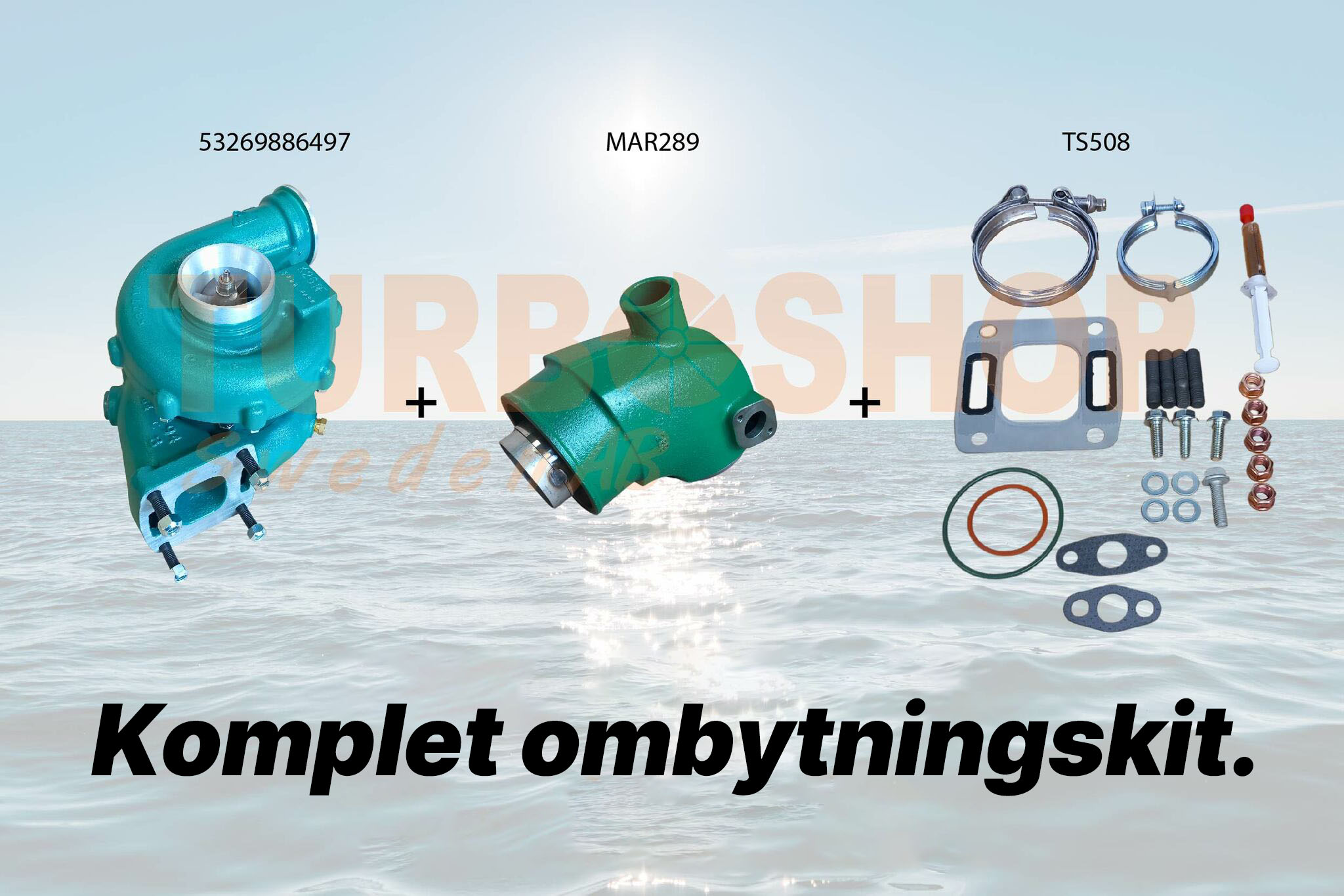 Volvo Penta komplet sæt med turbo 838695, 860916R / 53269886094, udstødningsknæ, udstødningsklemme & pakningssæt