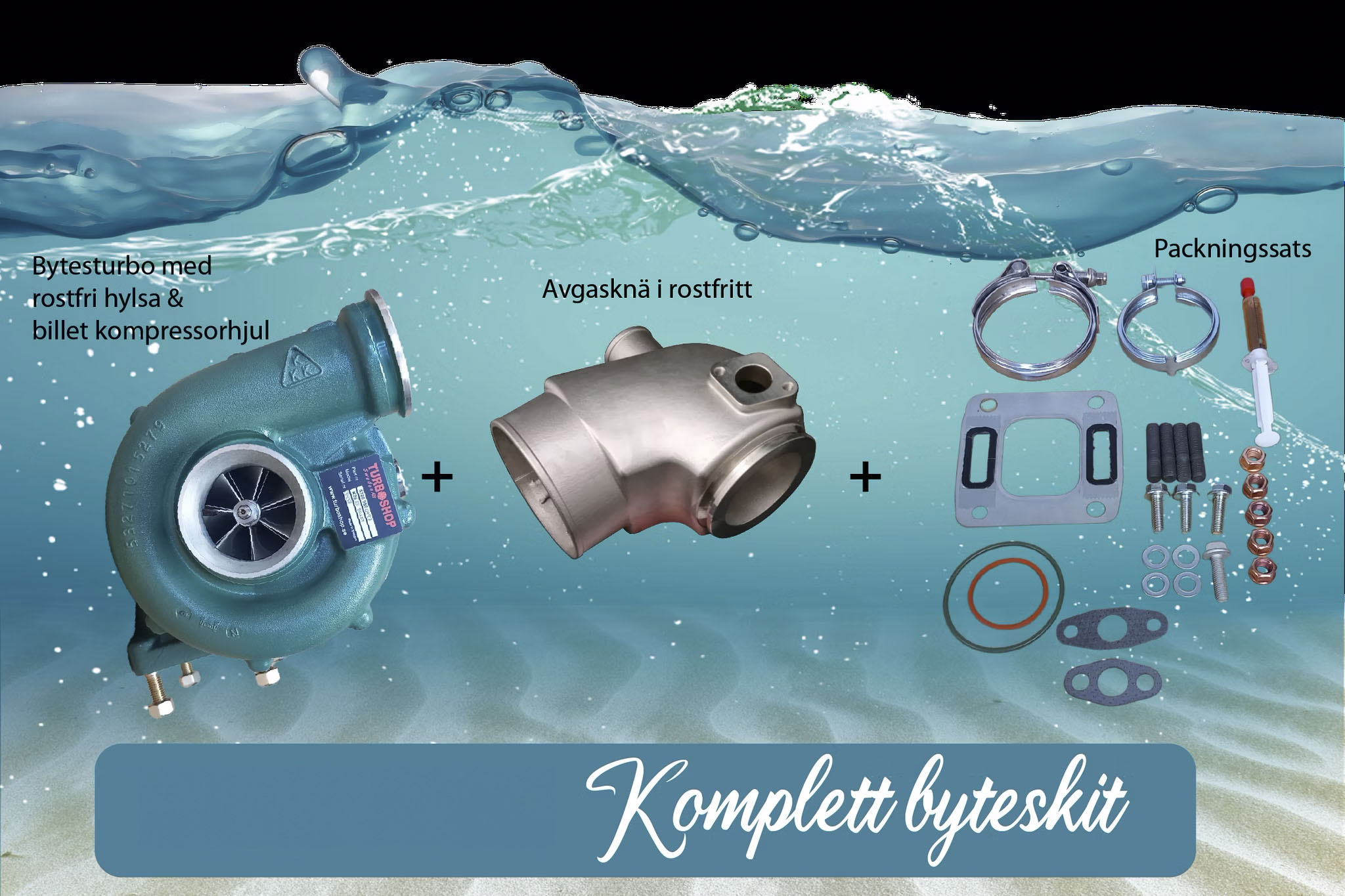 VP komplet udskiftningskit KAD43 / KAD44 opgraderet turbo 53269886750, RF-sleeve, Billet + udstødningsknæ, udstødningsklemme & pakningssæt