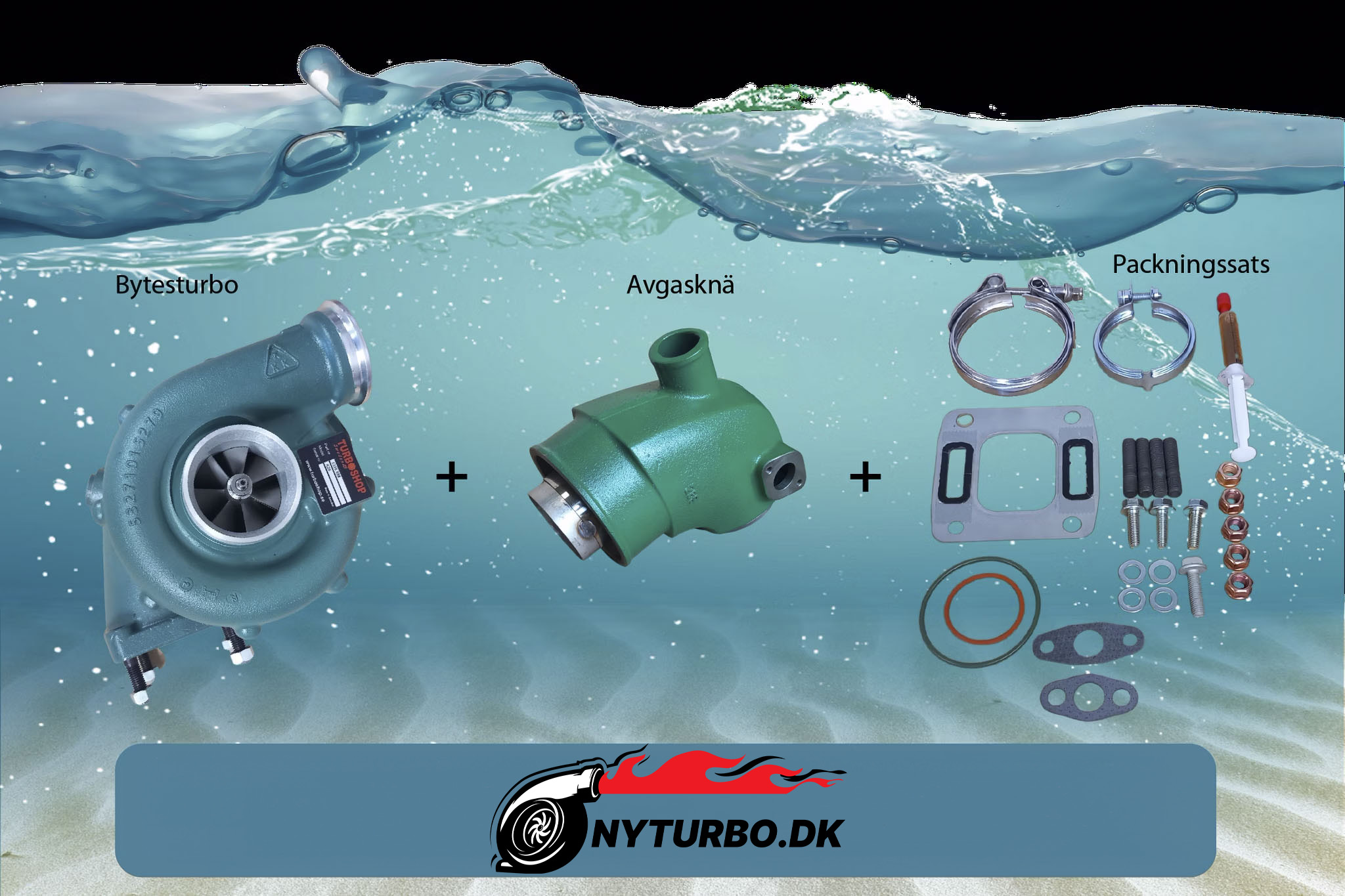 Volvo Penta komplet udskiftningssæt med turbo 3581528 / 3802082 / 53269886016, udstødningsbøjning, udstødningsklemme & pakningssæt